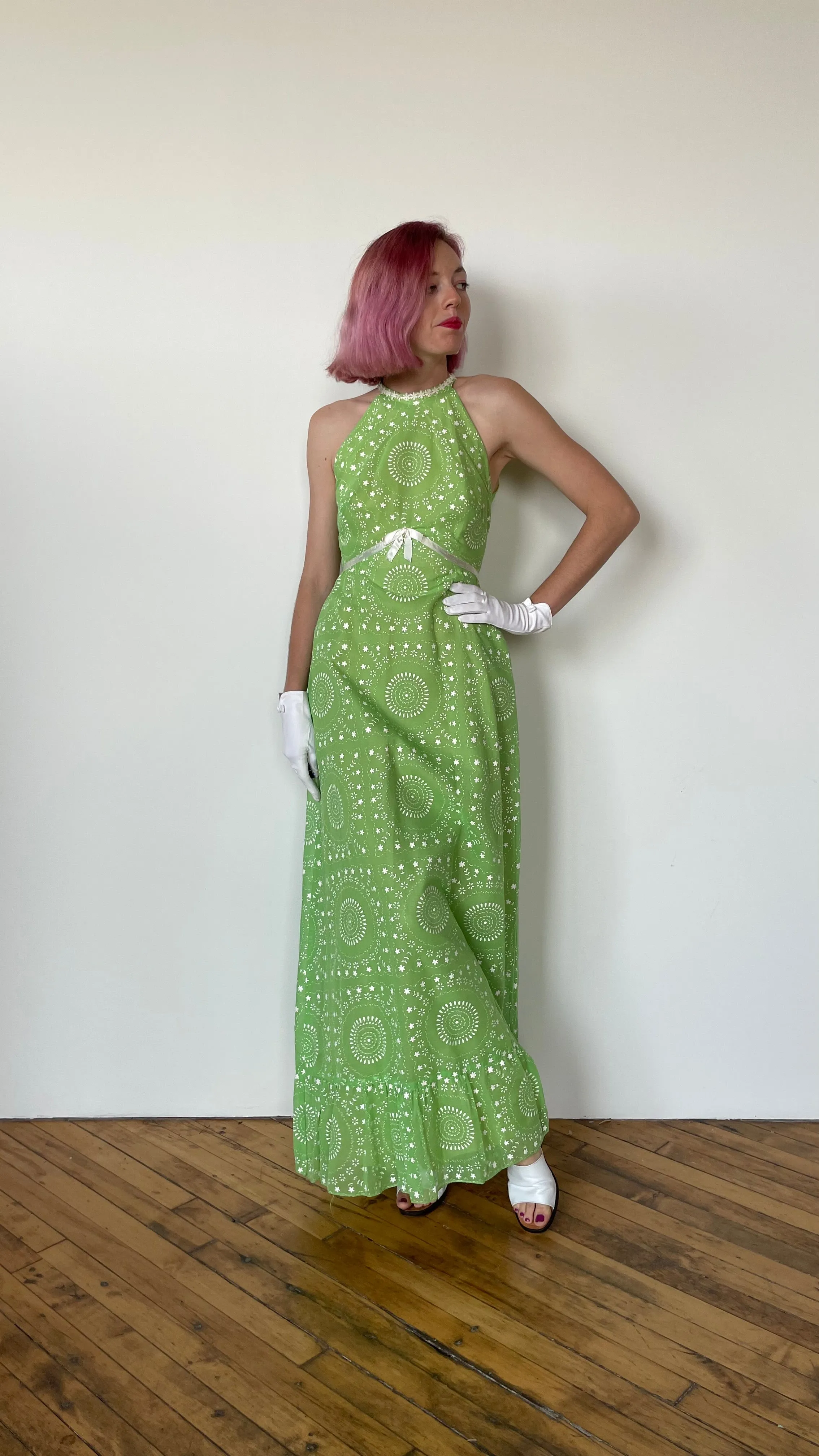 1970s Green daisy dress and shrug sz. XS