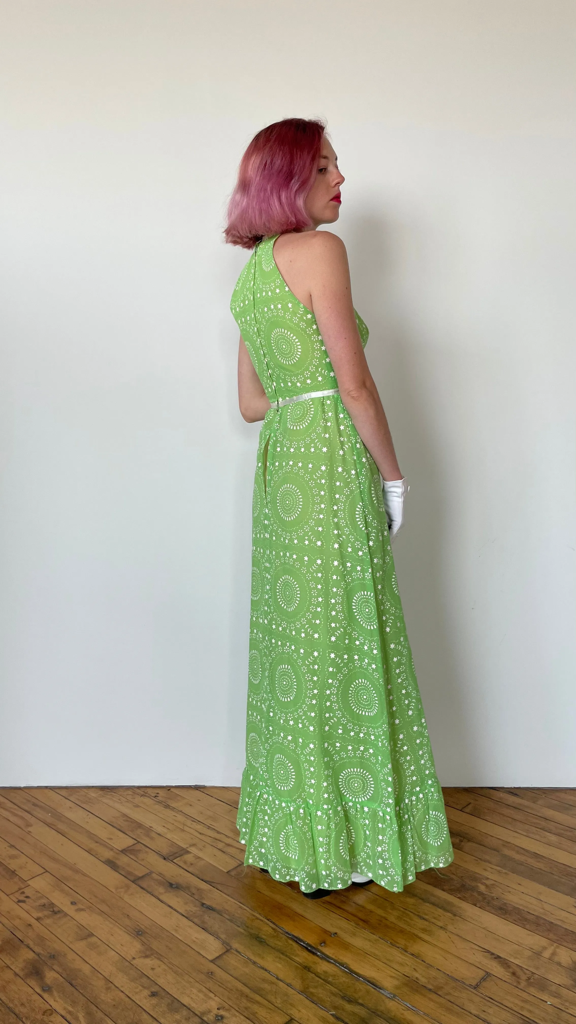 1970s Green daisy dress and shrug sz. XS