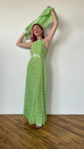 1970s Green daisy dress and shrug sz. XS