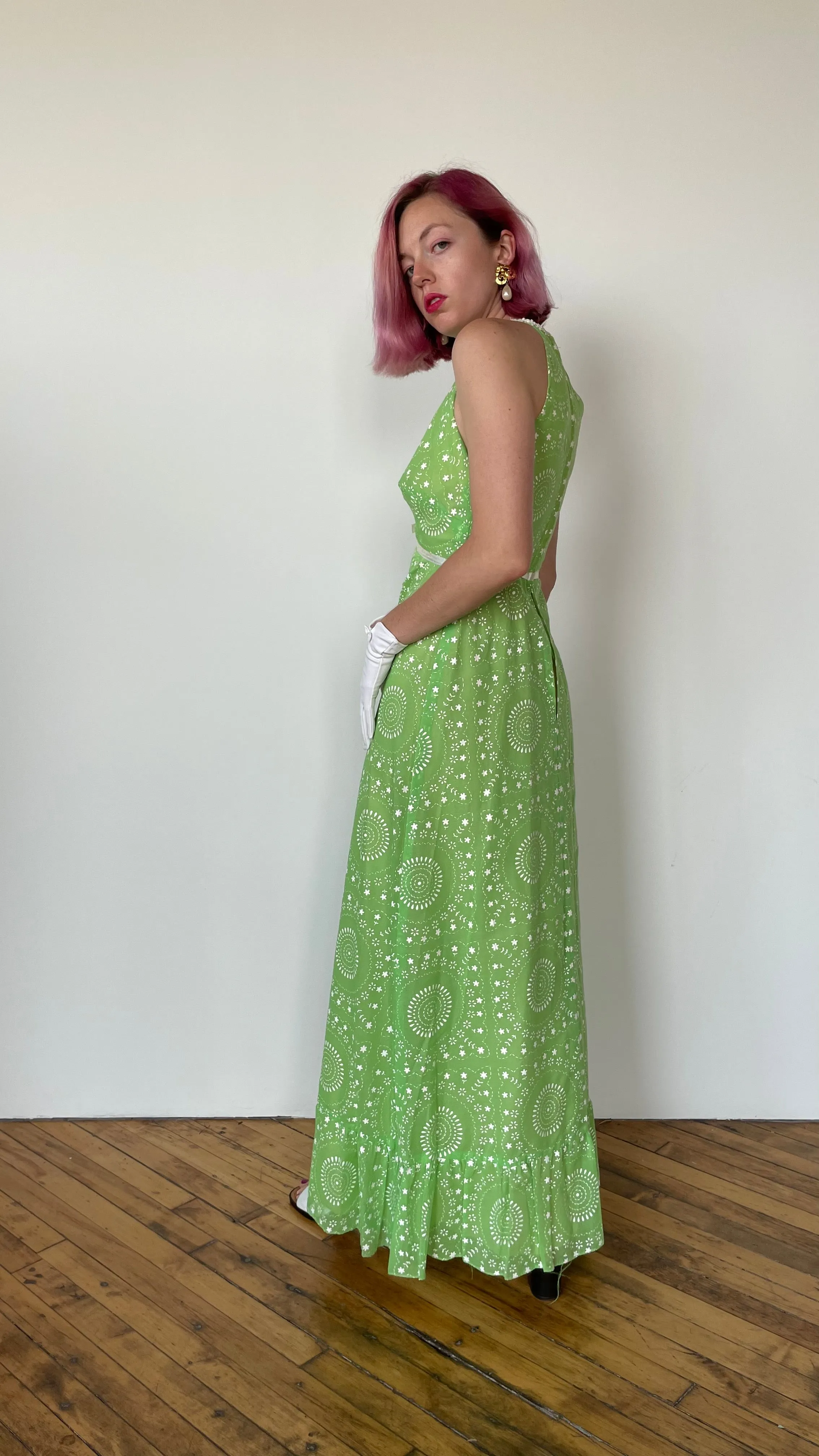 1970s Green daisy dress and shrug sz. XS