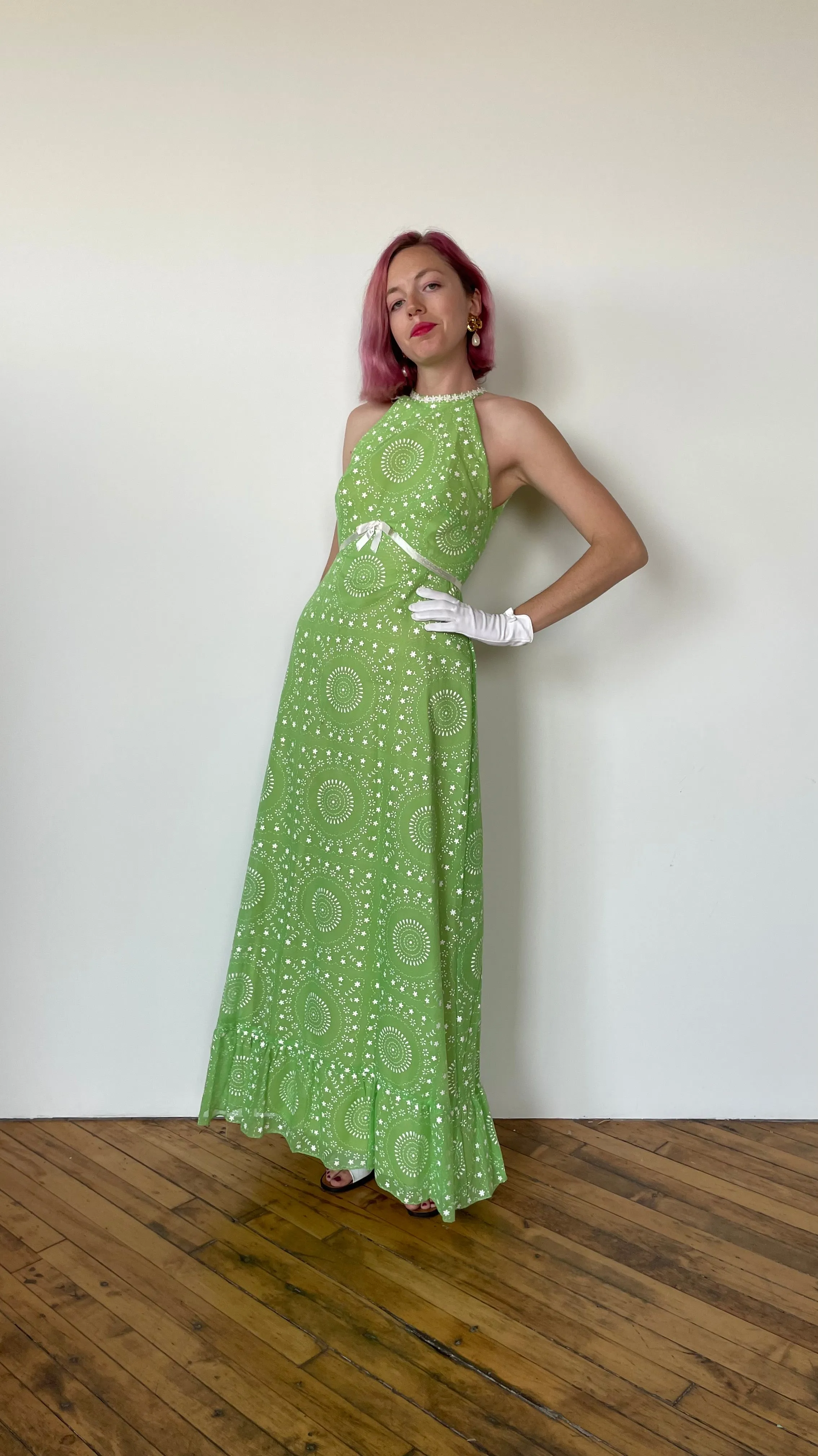 1970s Green daisy dress and shrug sz. XS