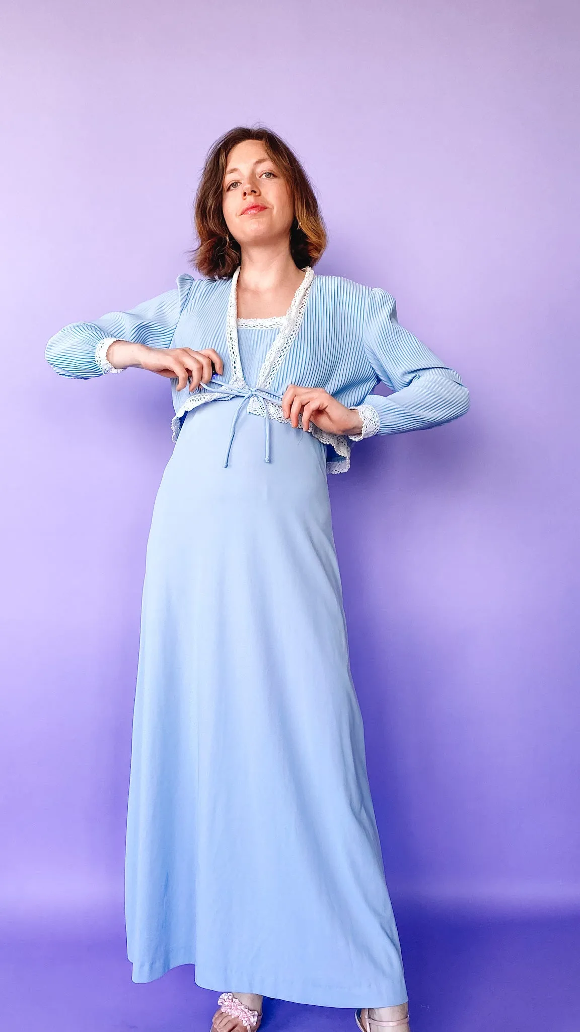 1970s Powder Blue Maxi Dress with Matching Jacket, sz. M