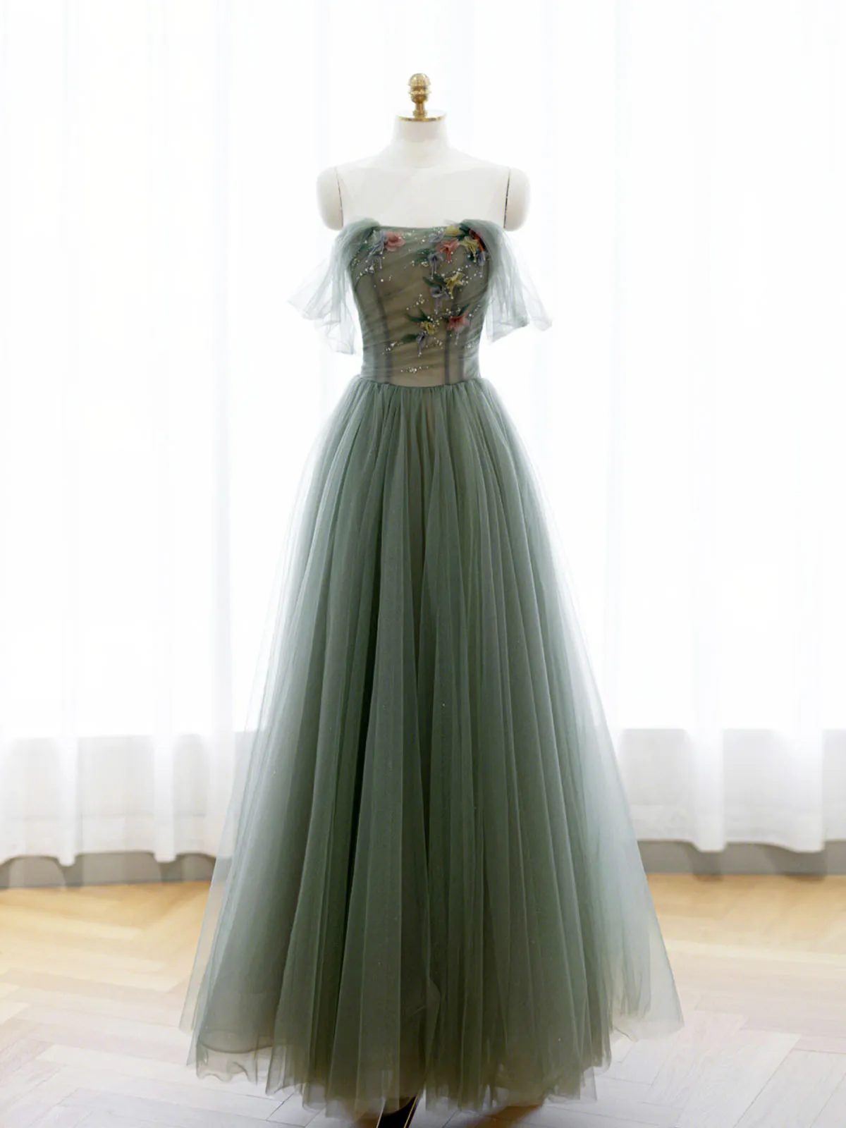 A-Line Green Tulle Long Prom Dress, Off the Shoulder Evening Party Dress