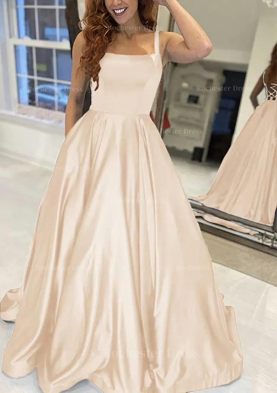 A-line Square Neckline Sleeveless Sweep Train Satin Prom Dress With Pockets