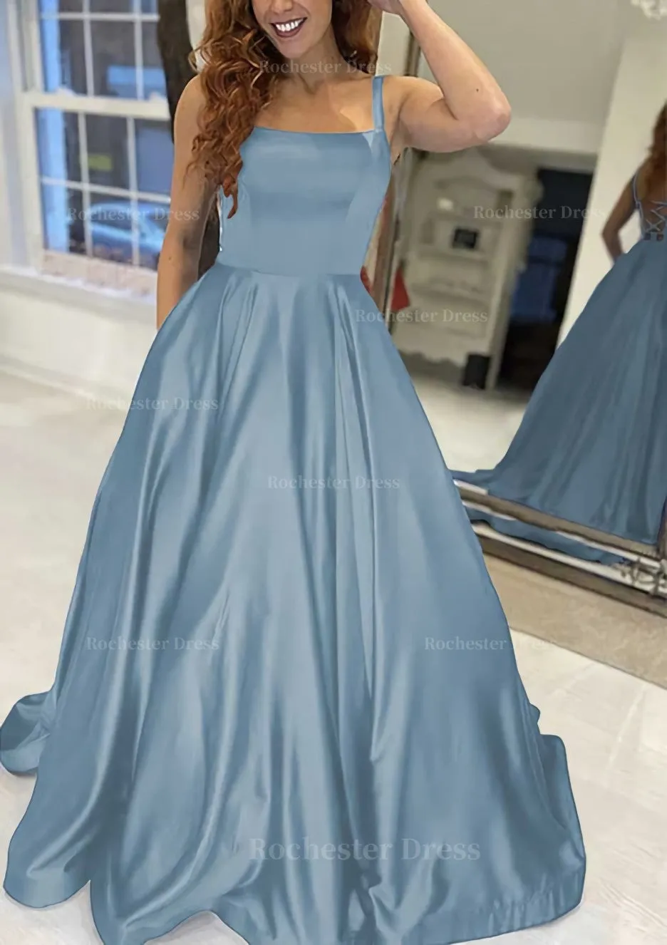 A-line Square Neckline Sleeveless Sweep Train Satin Prom Dress With Pockets