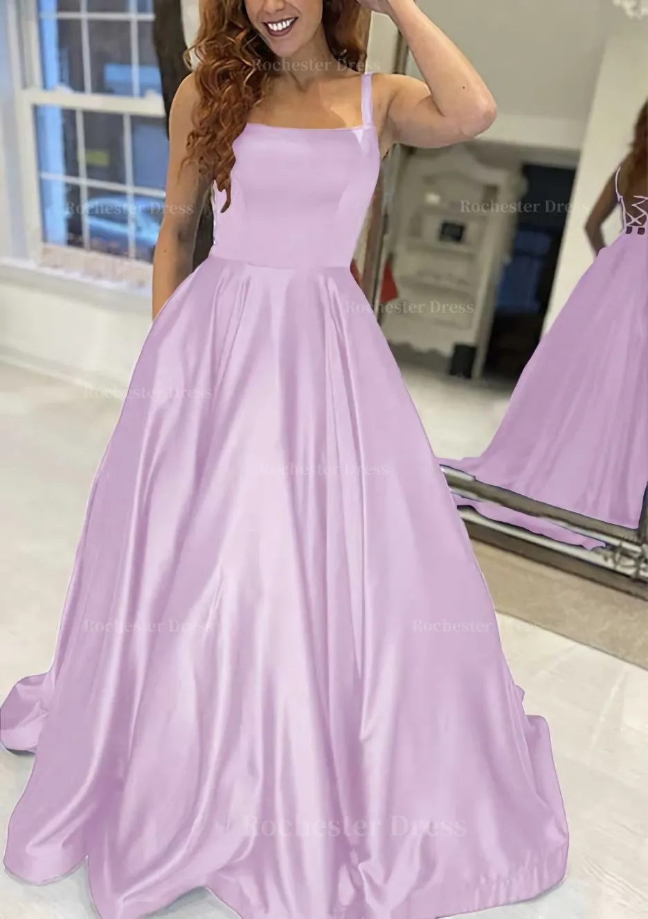 A-line Square Neckline Sleeveless Sweep Train Satin Prom Dress With Pockets