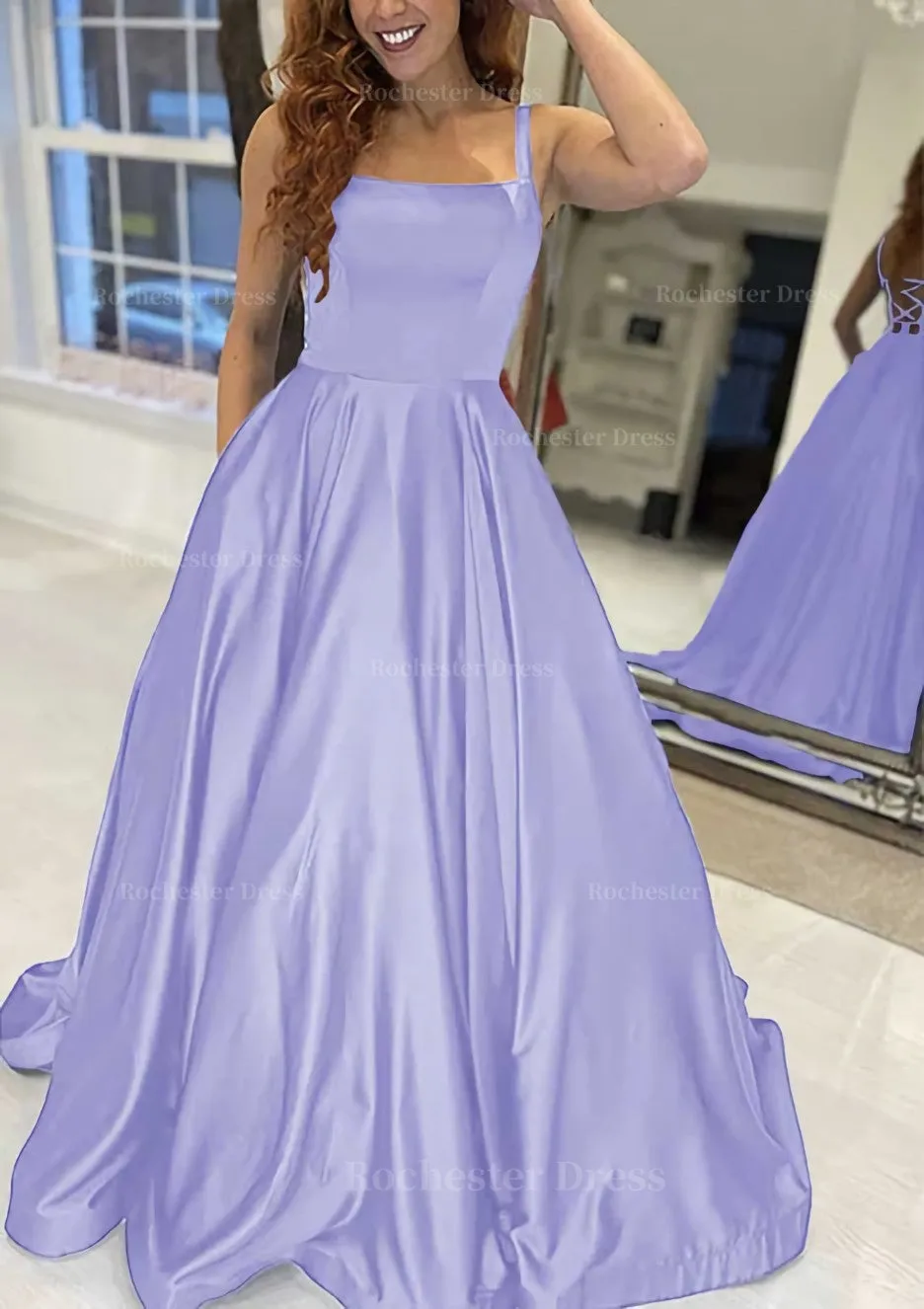 A-line Square Neckline Sleeveless Sweep Train Satin Prom Dress With Pockets