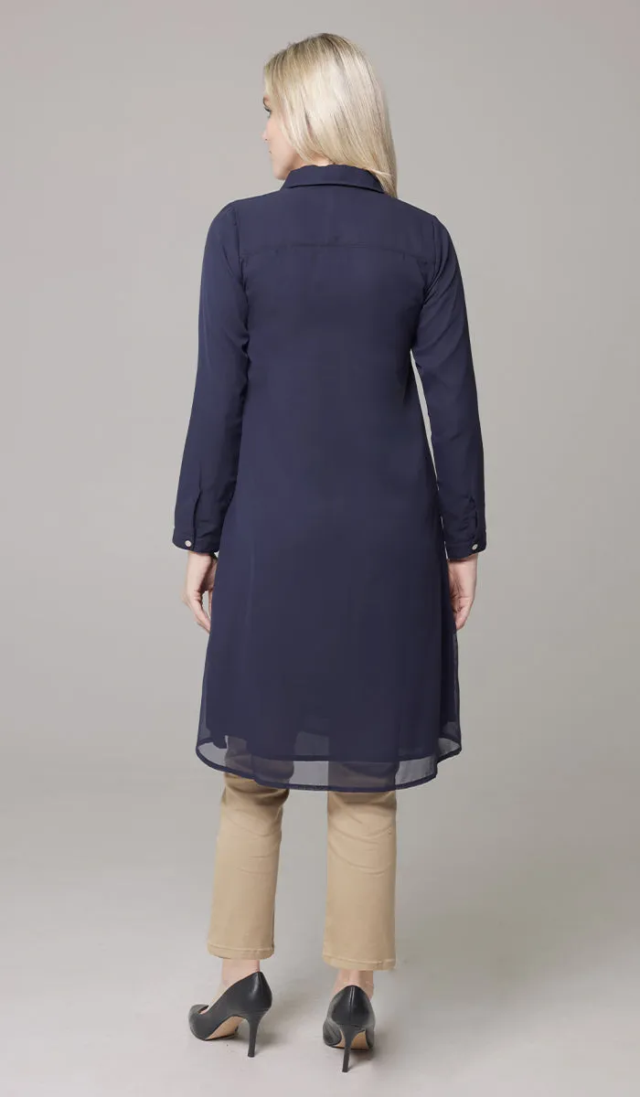 Asra Long Flowy Buttondown Shirt Jacket - Navy