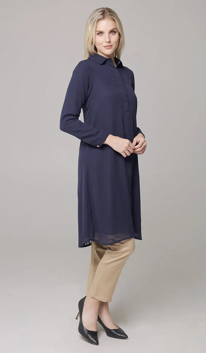 Asra Long Flowy Buttondown Shirt Jacket - Navy