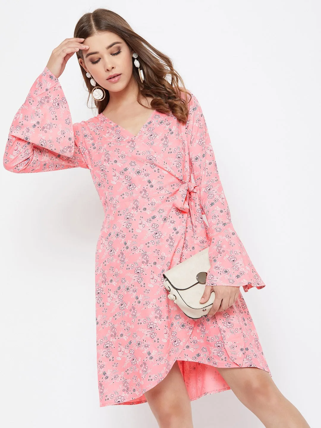 Berrylush Women Pink Floral Printed V-Neck Tulip Hem Wrap Fit & Flare Mini Dress