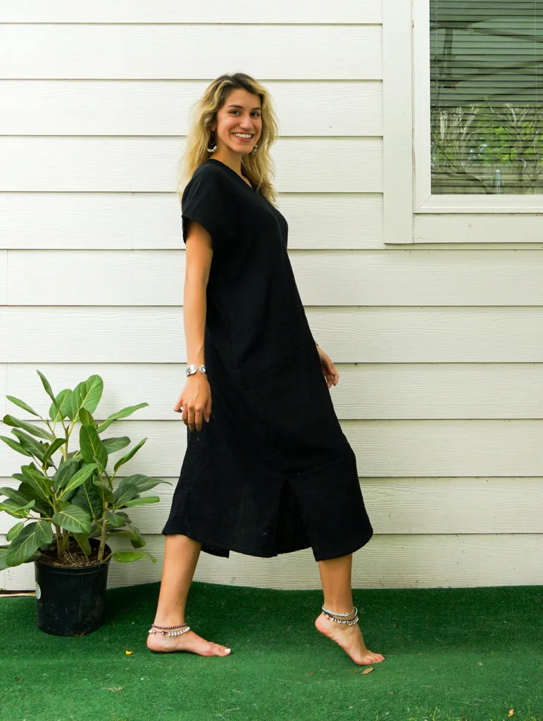 Black Double Gauzed Muslin Cotton Dress with Pockets