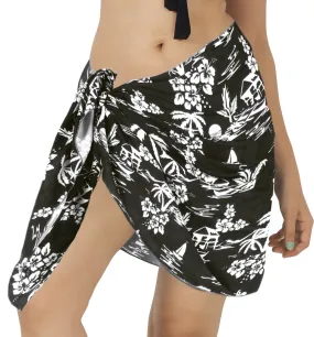 Black Non-Sheer Palm Tree and Sunset Beach View Half Beach Wrap For Women