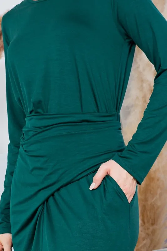 Black Waist Wrap Long Sleeve Dress w/Pockets