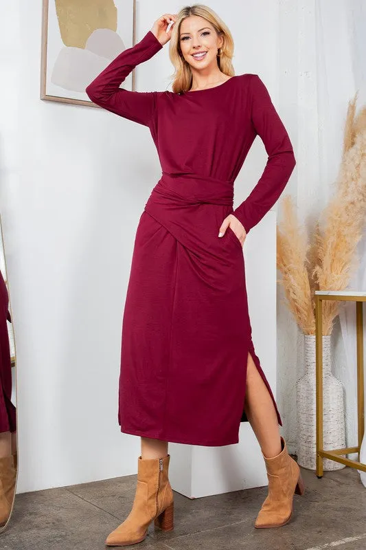 Black Waist Wrap Long Sleeve Dress w/Pockets