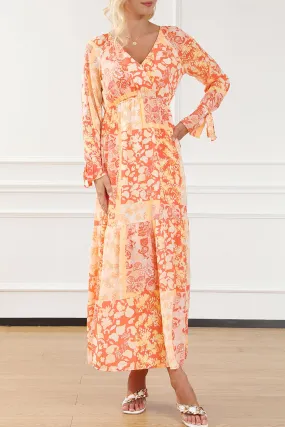 Bohemian Orange Floral Wrap Maxi Dress with V-Neck and Tie Sleeves