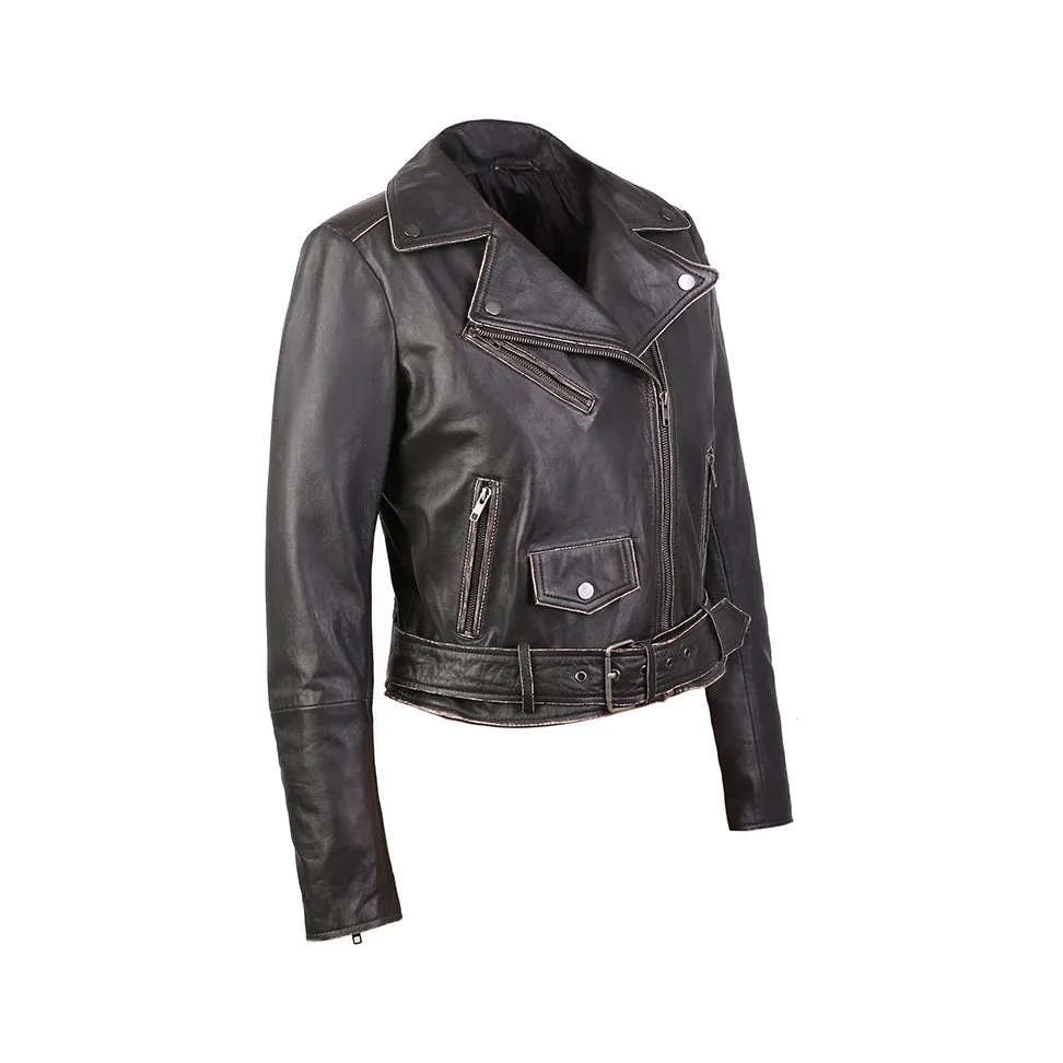 Carla Womens Distressed Short Biker Leather Jacket