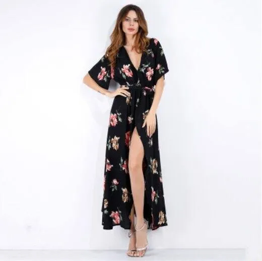 Chiffon Print Deep V-Neck Floral Dress