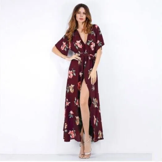 Chiffon Print Deep V-Neck Floral Dress