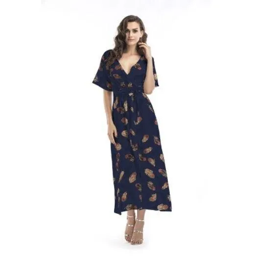 Chiffon Print Deep V-Neck Floral Dress