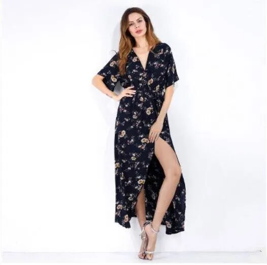 Chiffon Print Deep V-Neck Floral Dress