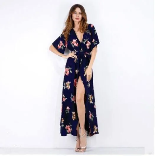 Chiffon Print Deep V-Neck Floral Dress