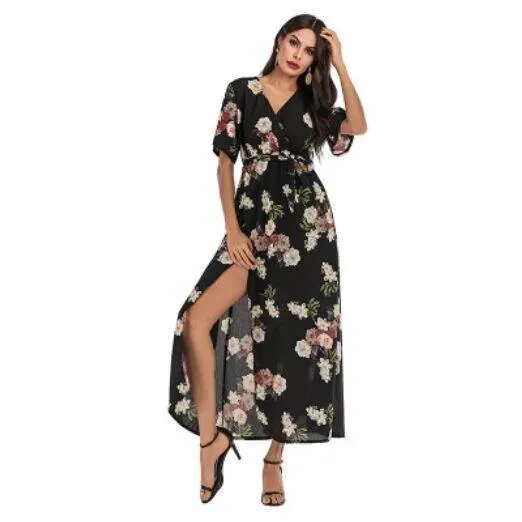 Chiffon Print Deep V-Neck Floral Dress