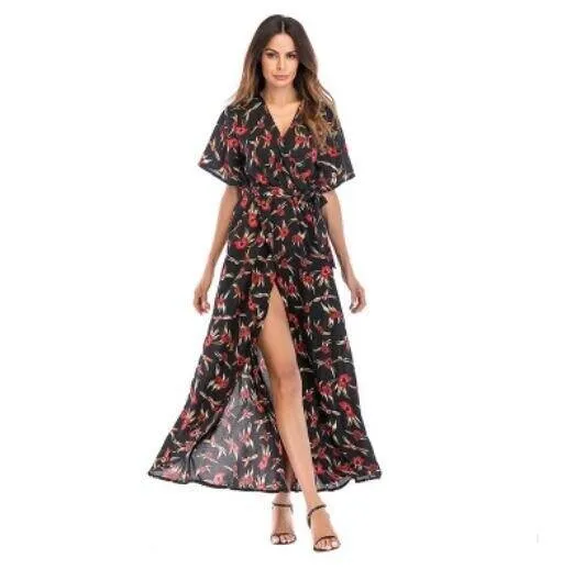 Chiffon Print Deep V-Neck Floral Dress