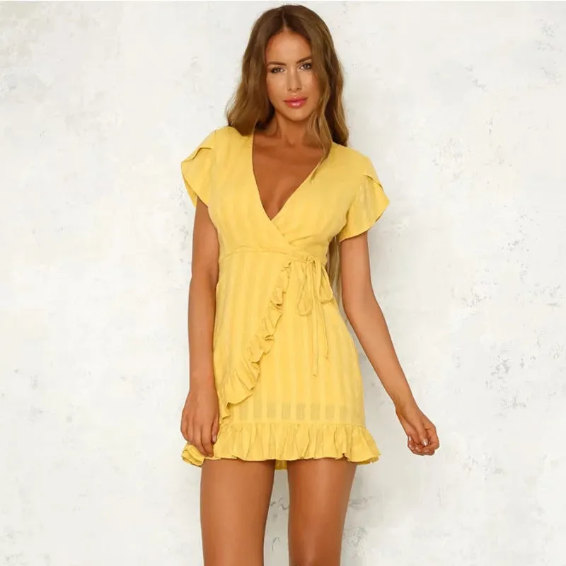 Deep V-neck Stripe Wrap Ruffles Short Dress