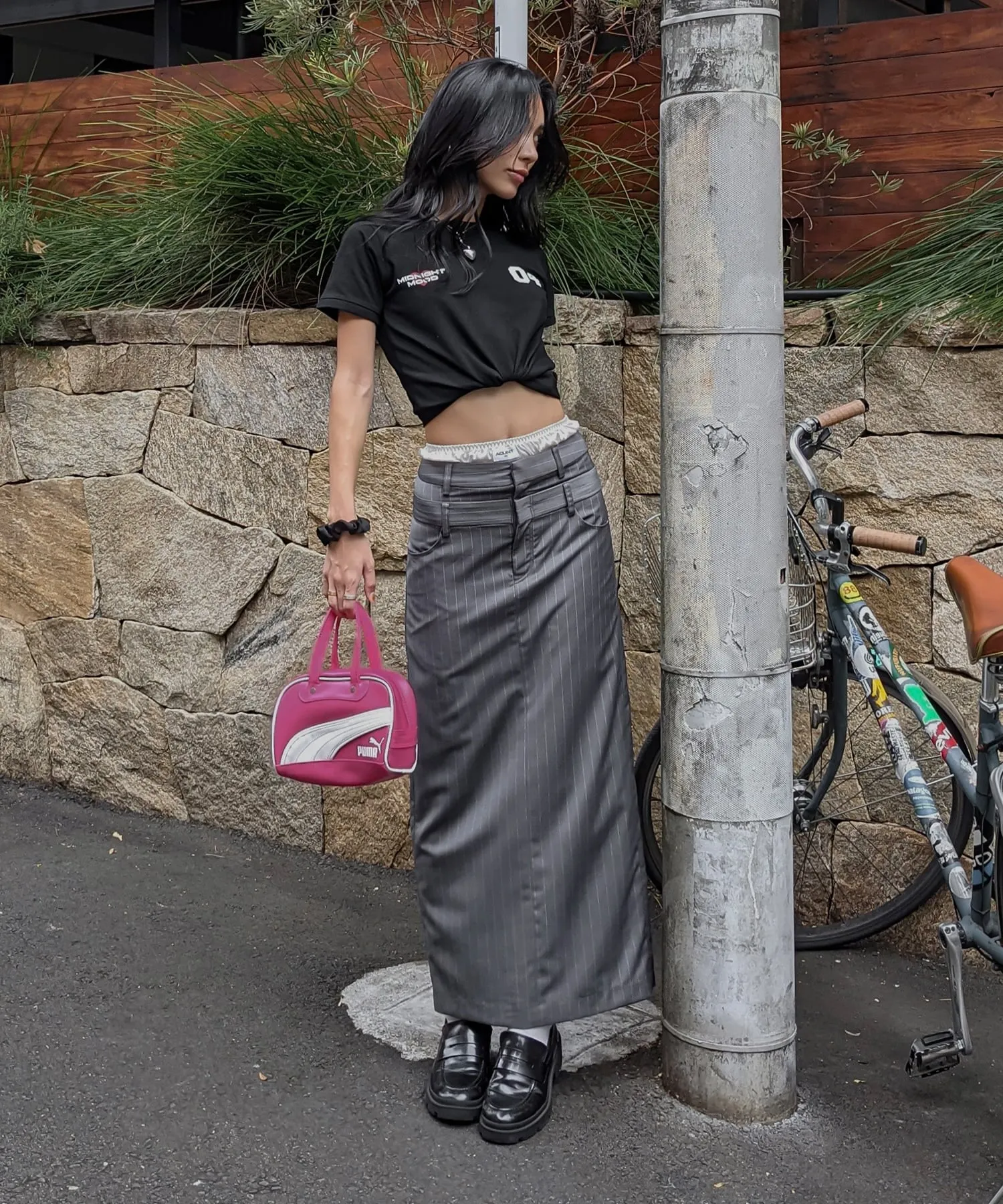 Double belt layered long skirt