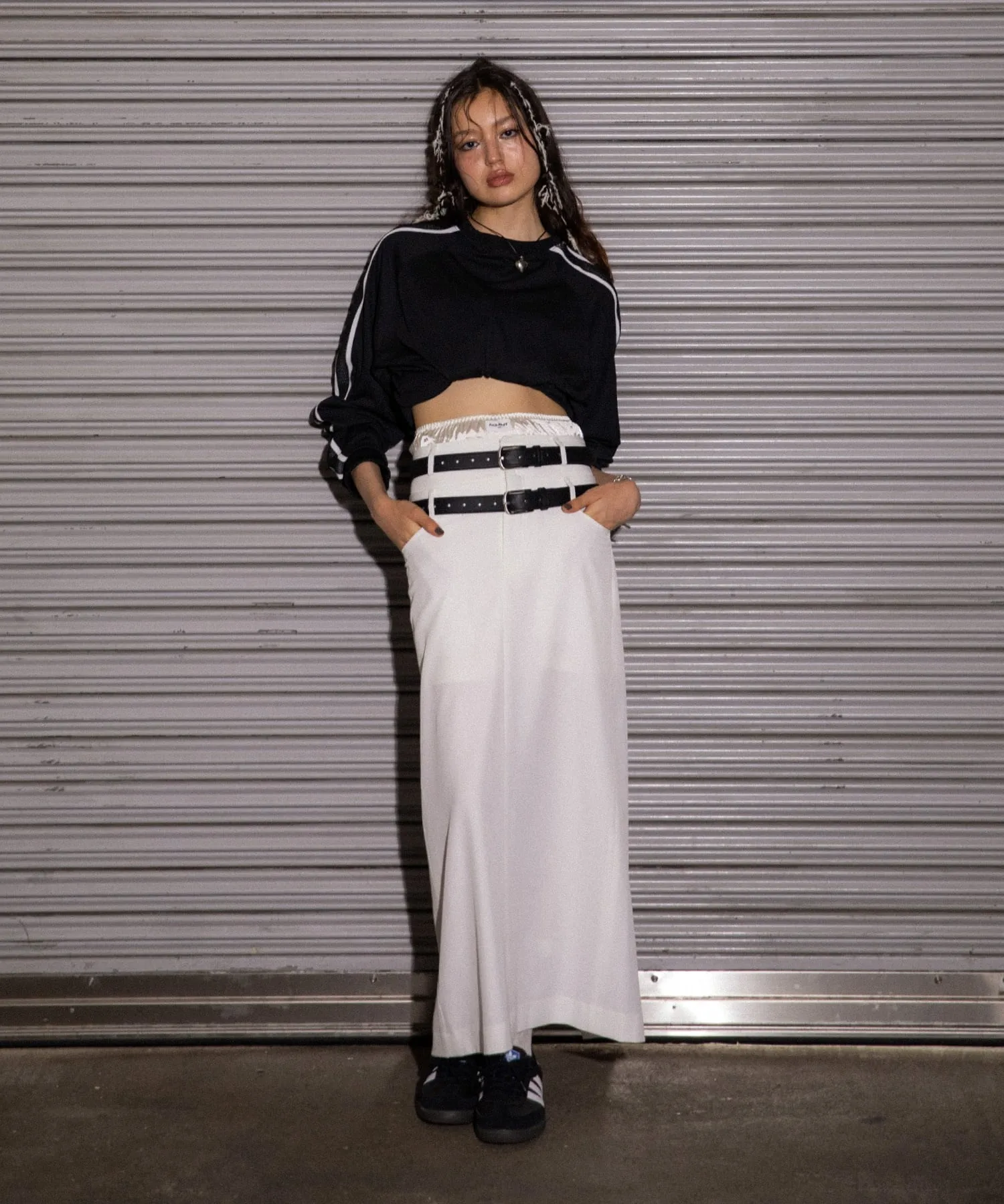 Double belt layered long skirt