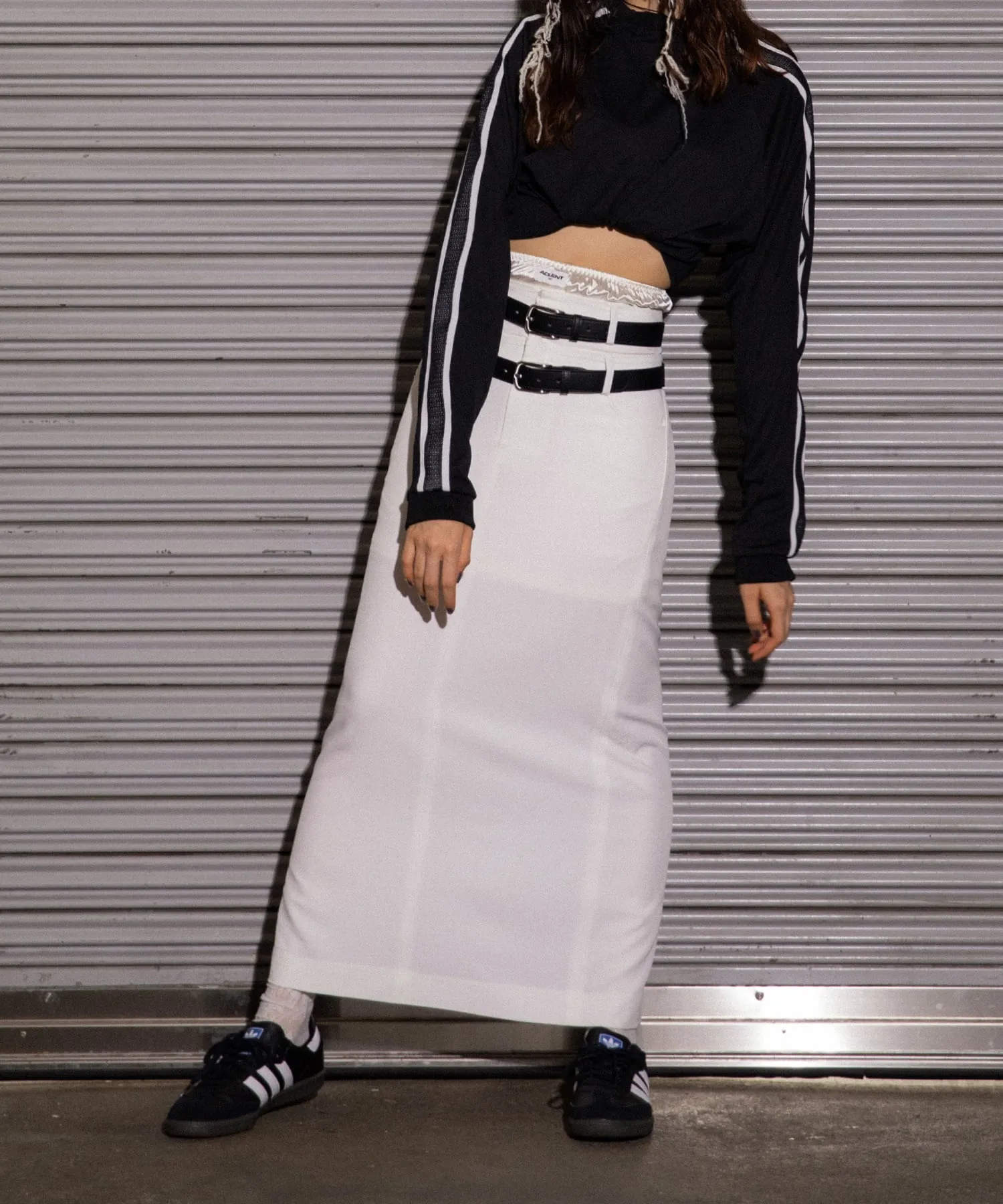 Double belt layered long skirt