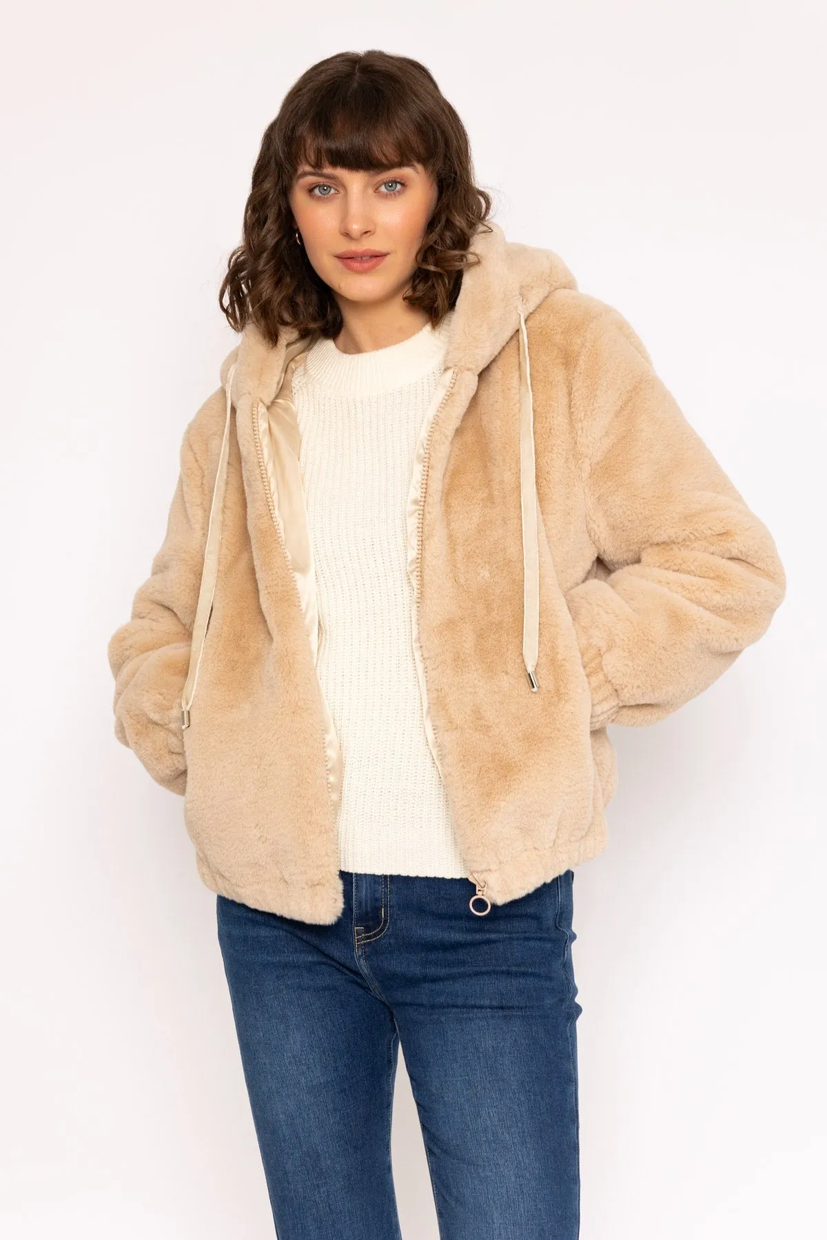 Ecru Hooded Faux Fur Bomber Jacket