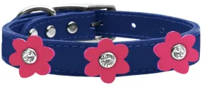 Flower Leather Collar Blue With Pink Flowers Size 12