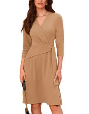 GRACE KARIN Formal Dress for Women Wedding Guest V Neck Wrap 3/4 Sleeve Swing Stretchy Midi Dress for Work Camel XL