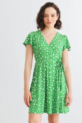 Green & White Print Wrap Neck Short Sleeve Tie Mini Dress /2-2-2