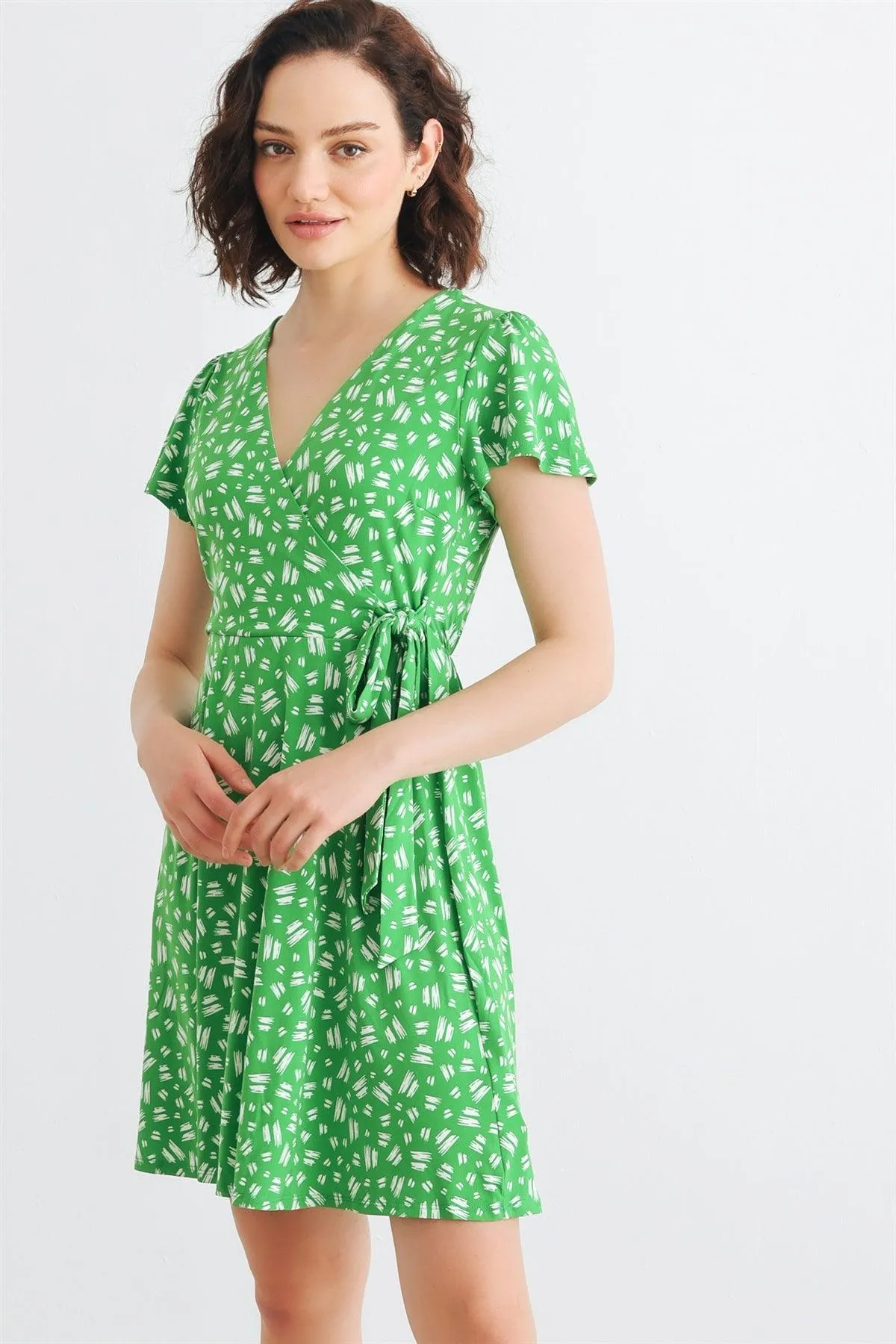 Green & White Print Wrap Neck Short Sleeve Tie Mini Dress /2-2-2