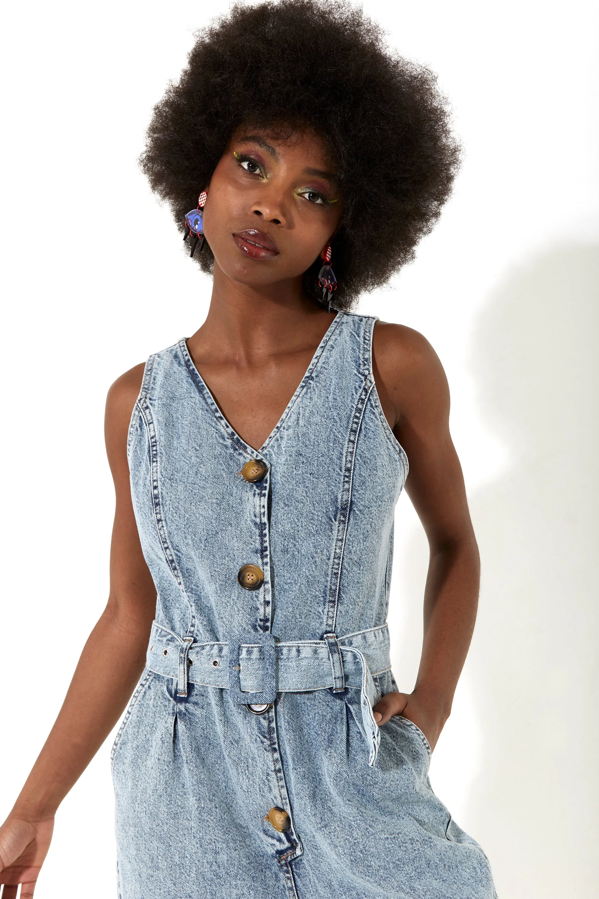 House of Holland Blue 90’s Look Denim Jumpsuit With A Belt And Tortoise Shell Buttons