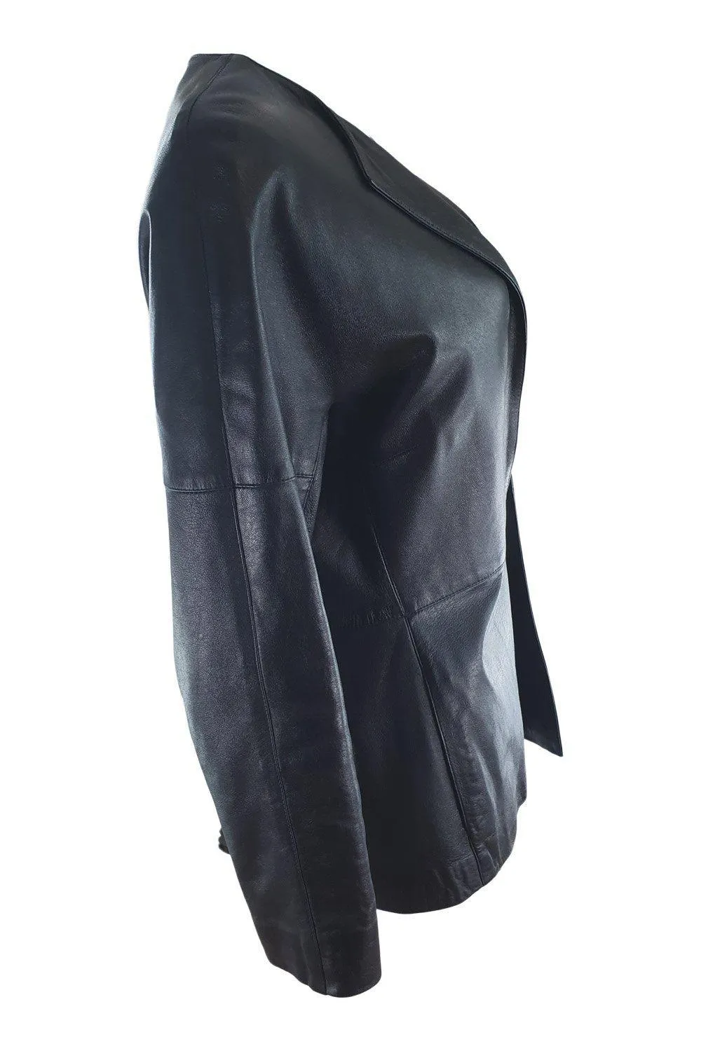 JAEGER Black Leather Single Breasted Minimalist Jacket (UK 12)