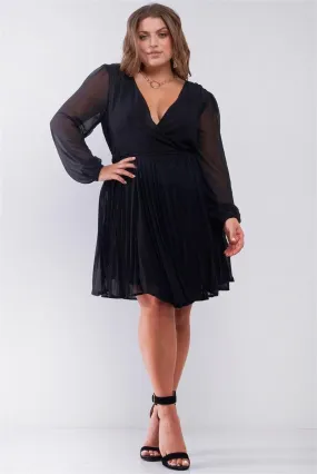 Junior Plus Black Wrap Deep V-Neck Long Puff Sleeve With Elasticated Cuff Pleated Mini Dress /3-2-1