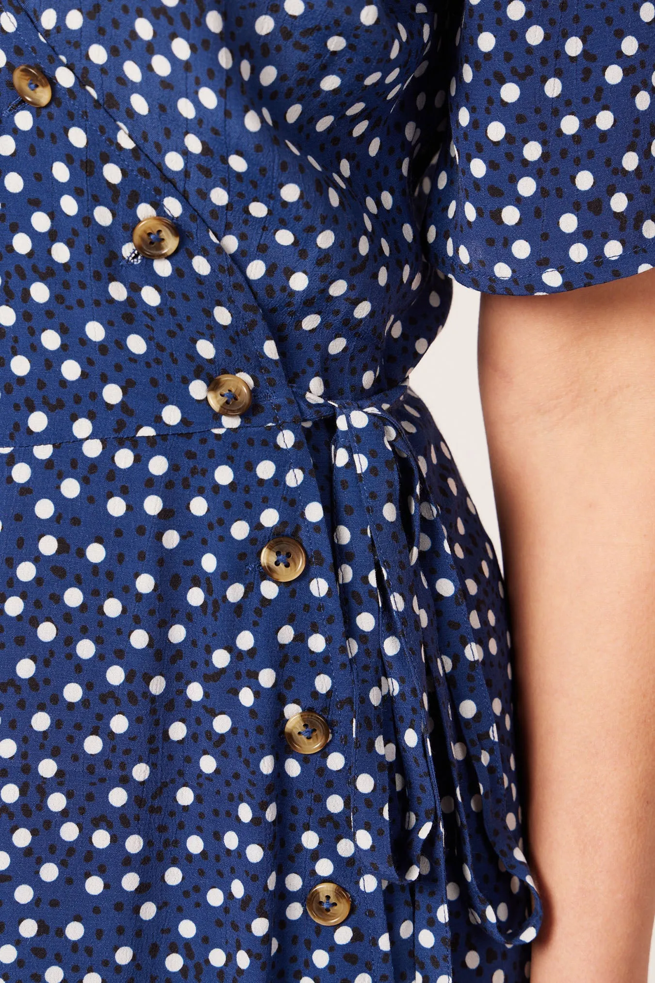 Lesley - Midi Button Wrap Dress - Blue Polkadot