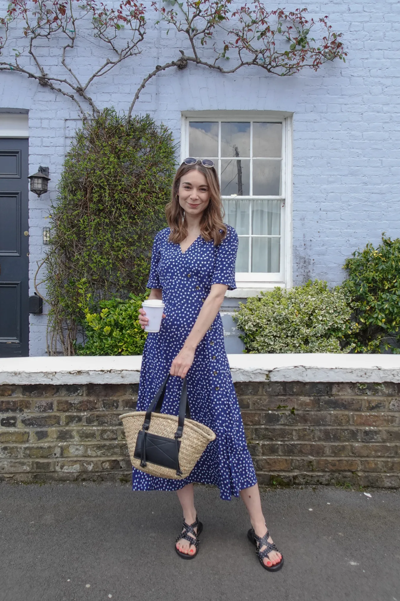 Lesley - Midi Button Wrap Dress - Blue Polkadot