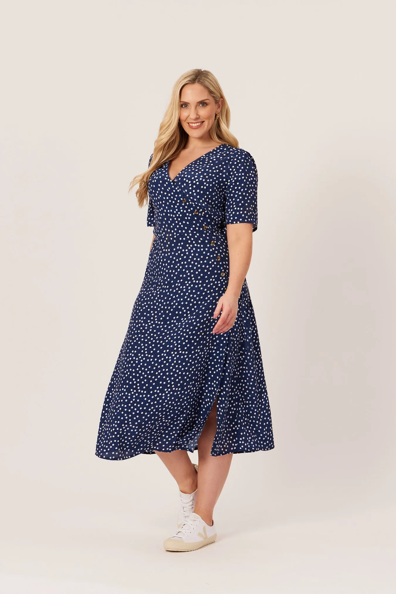 Lesley - Midi Button Wrap Dress - Blue Polkadot