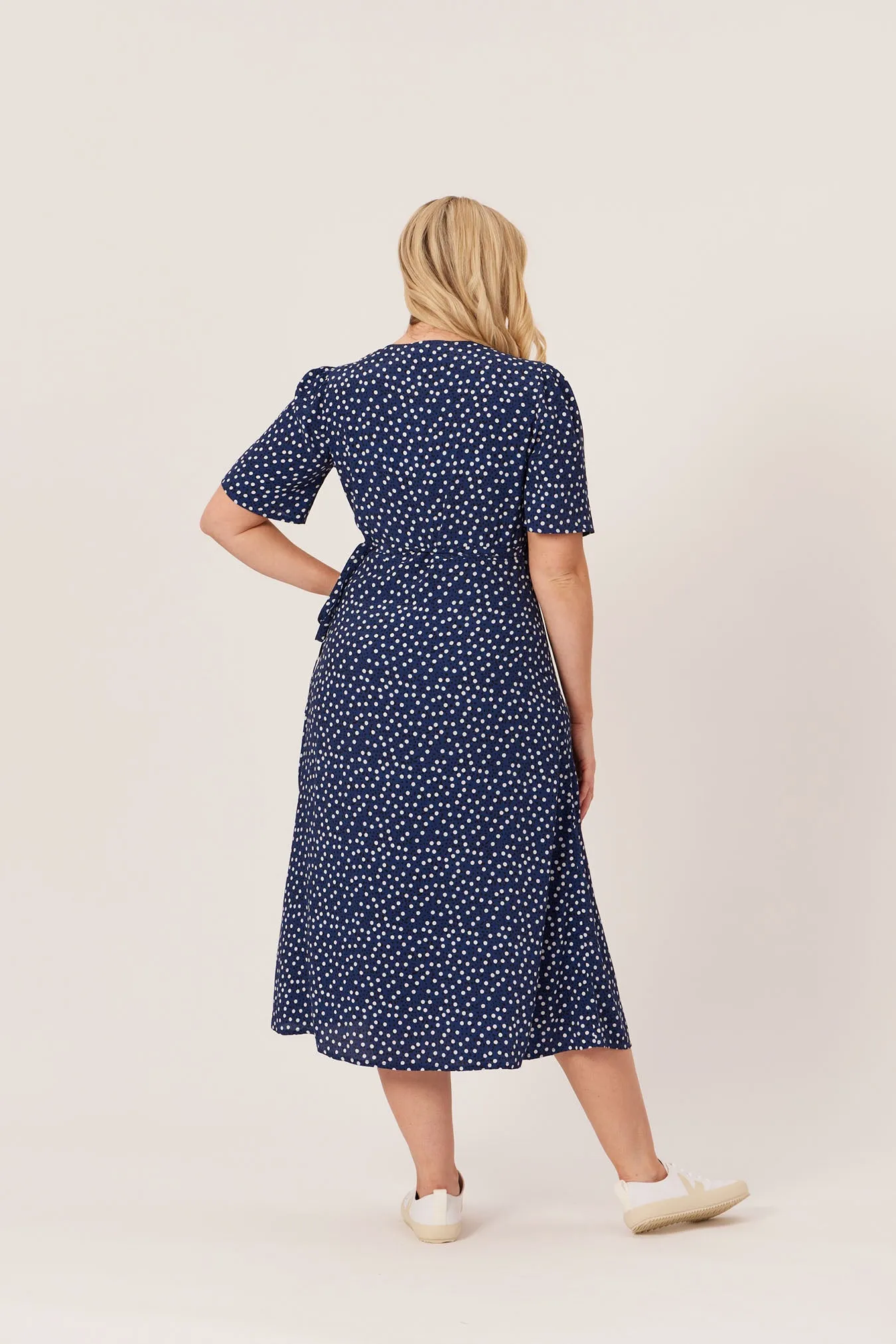 Lesley - Midi Button Wrap Dress - Blue Polkadot