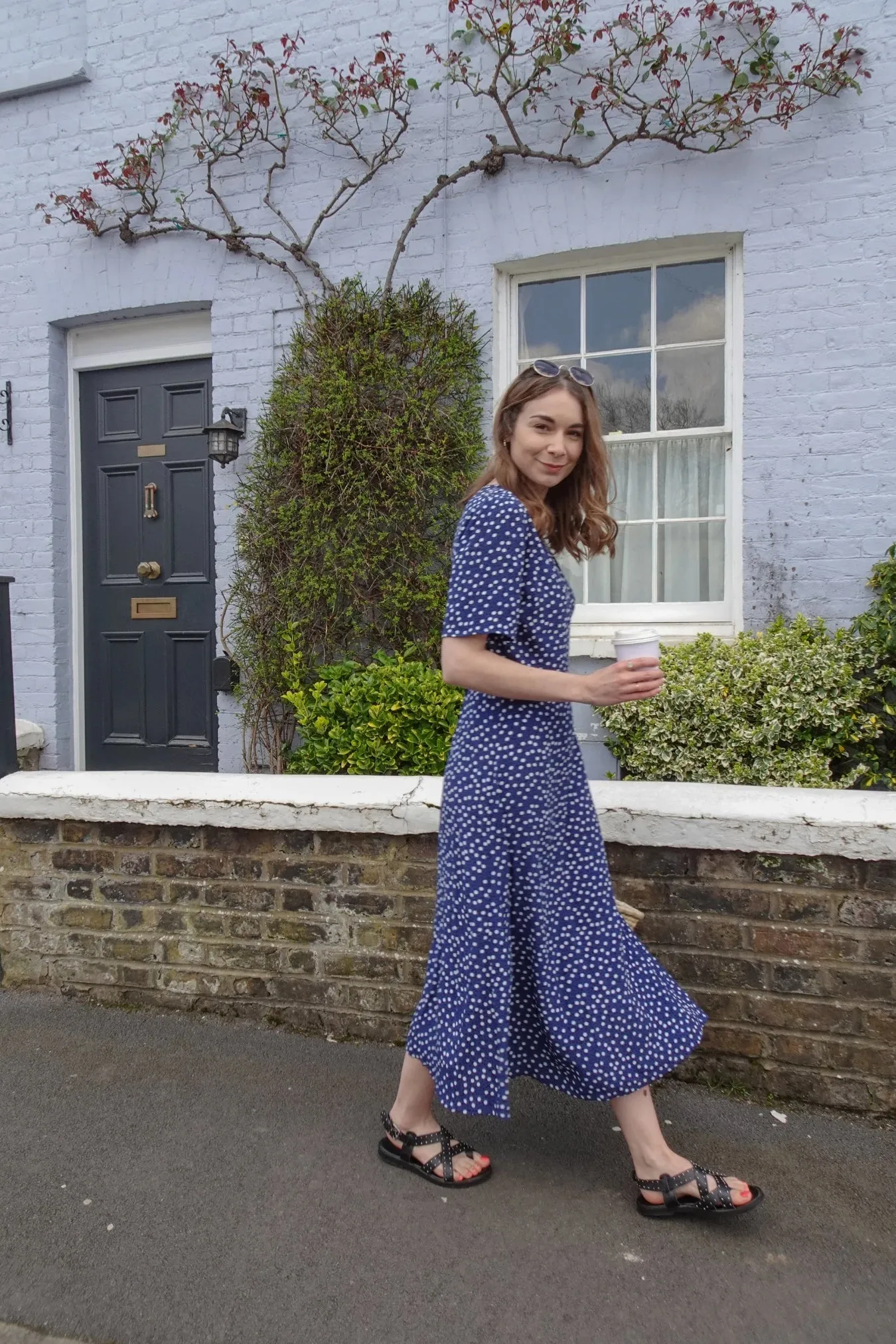 Lesley - Midi Button Wrap Dress - Blue Polkadot