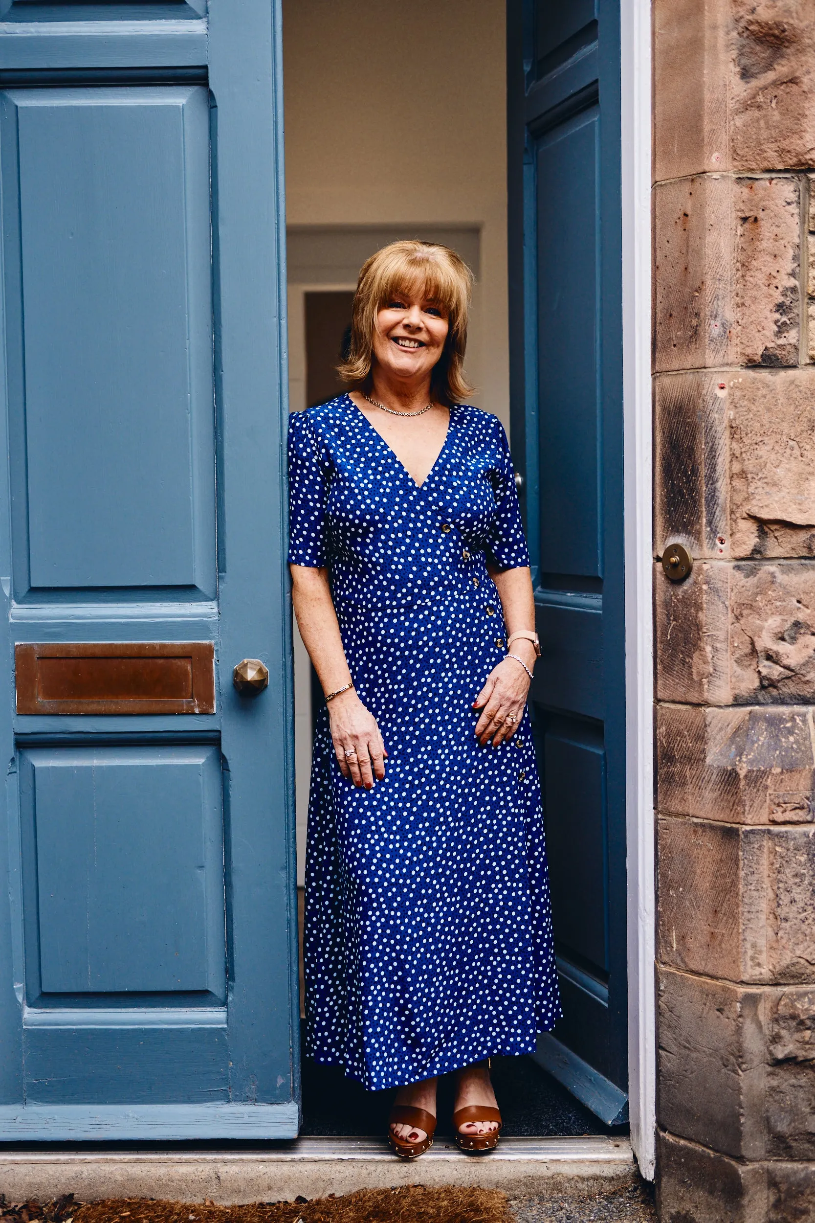 Lesley - Midi Button Wrap Dress - Blue Polkadot