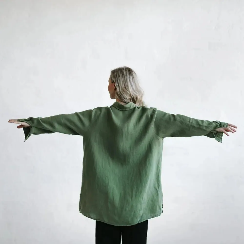 Linen boyfriend shirt in olive by Seaside Tones