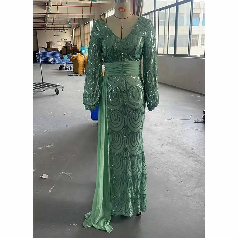 Long Sleeve Sequined Prom Dress V Neck Wedding Cocktail Dress