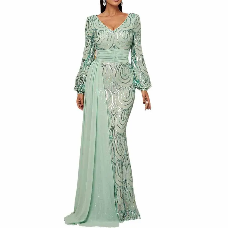 Long Sleeve Sequined Prom Dress V Neck Wedding Cocktail Dress