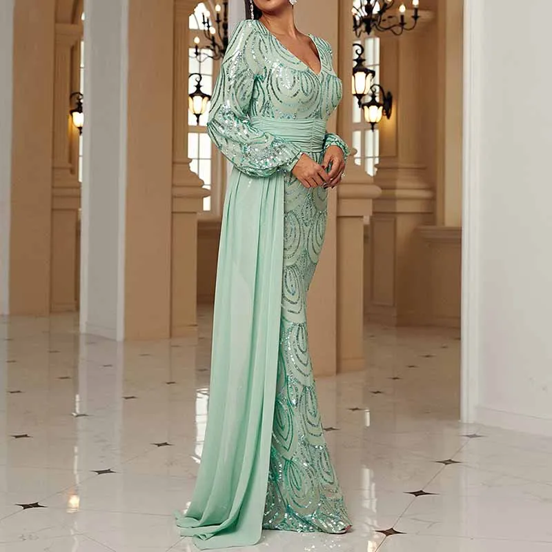 Long Sleeve Sequined Prom Dress V Neck Wedding Cocktail Dress