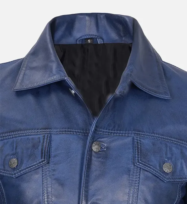 Men's Blue Leather Trucker Jacket